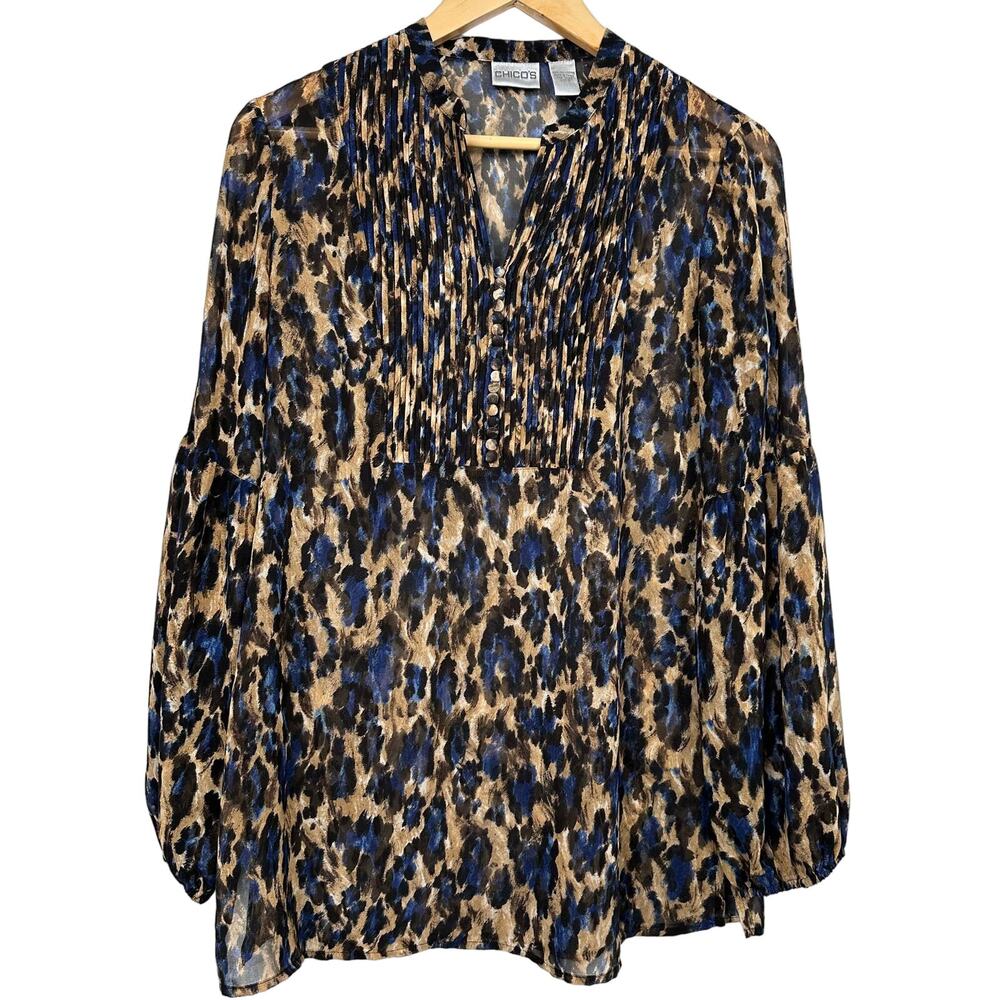 Chico's Size 0 US Small/4 Brown Blue Leopard Print Chiffon Blouse Long Sleeve